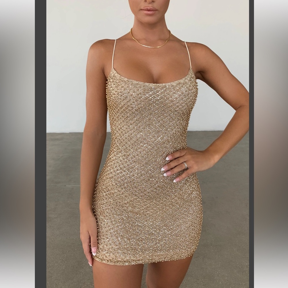 Oh Polly gold embellished sparkly drop a glint mini dress